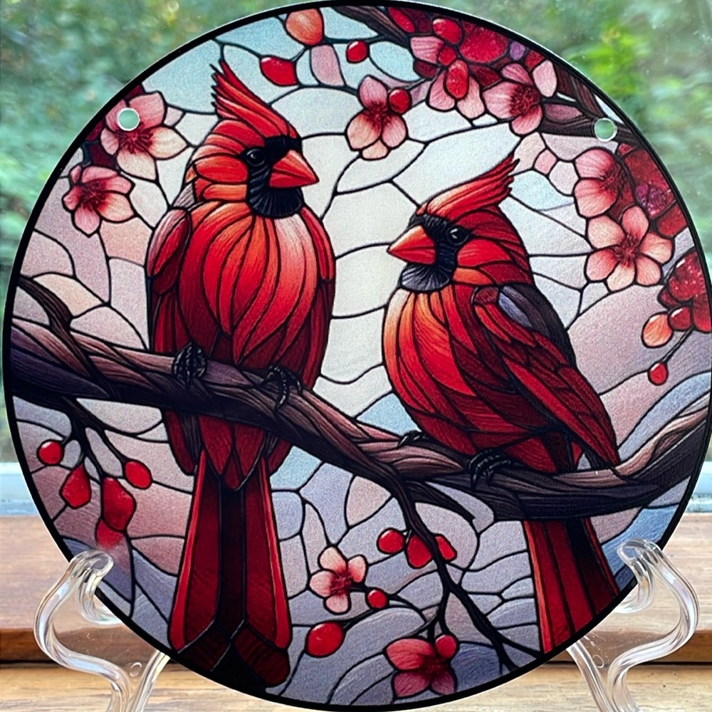 Decorative Suncatcher Round Cardinal Bird 6” Acrylic Faux Stained Glass Holiday